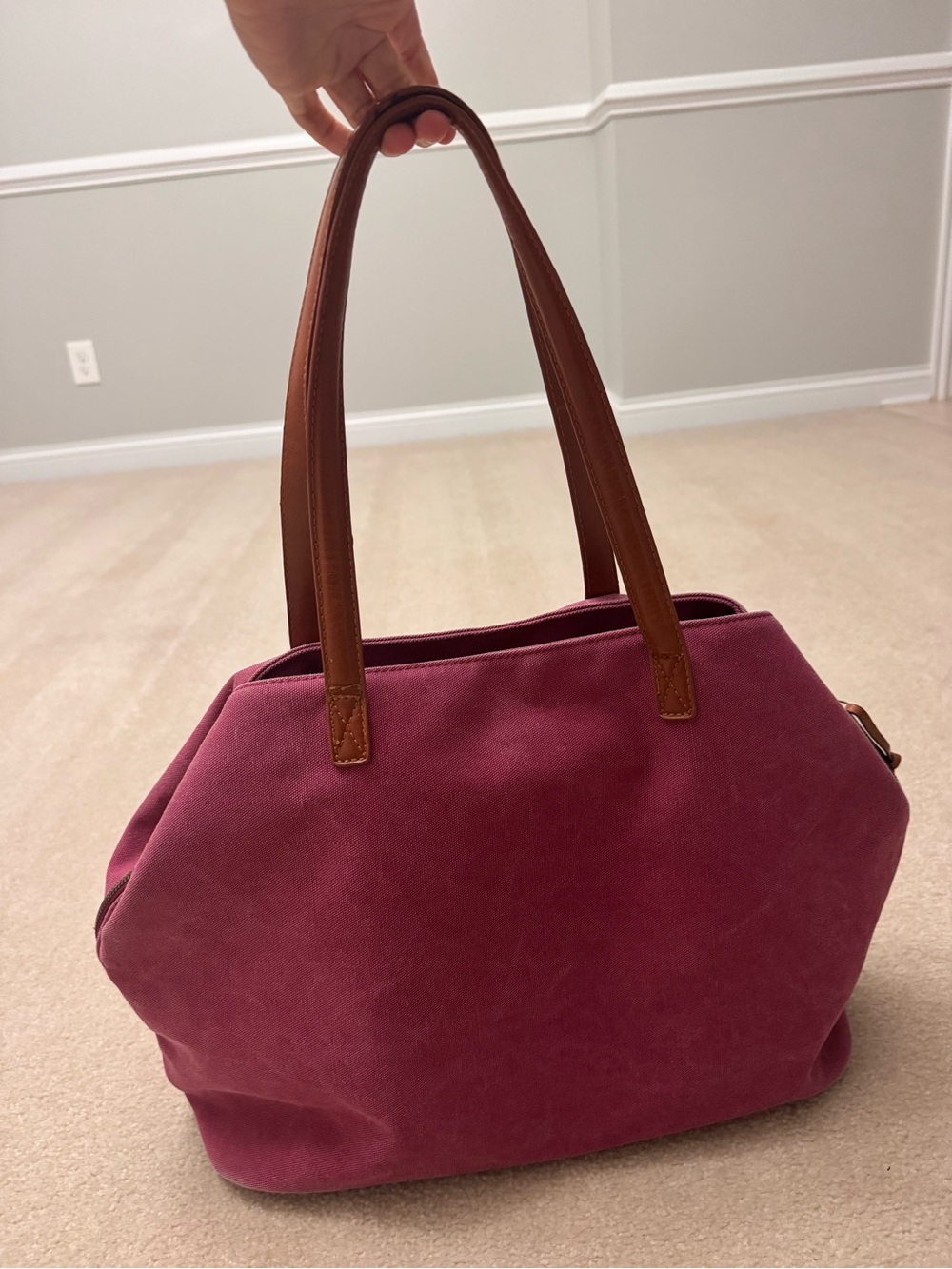 Women’s Canvas Tote Bag in Berry with Brown Handles
